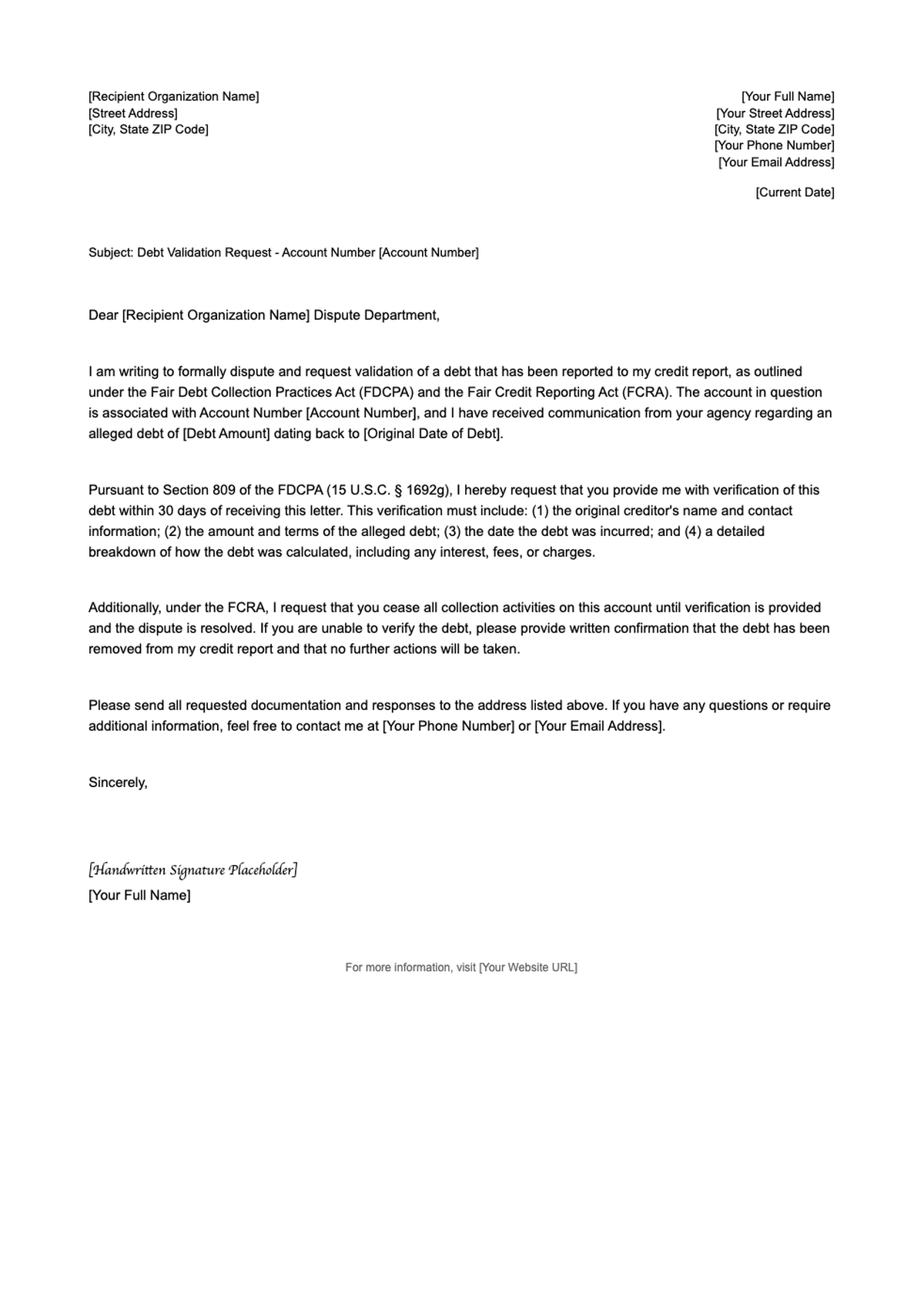 Debt dispute letter template with FDCPA validation request and editable formats for A4 and US Letter_variant_1